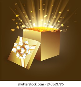 Vector illustration of gift box with gold hearts 