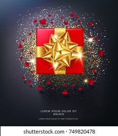 Vector illustration.Red gift box, gold bow isolated on black background with sparkles and hearts.Realistic 3d object.Element for the design of a greeting card for Valentine's Day,New Year,Christmas.