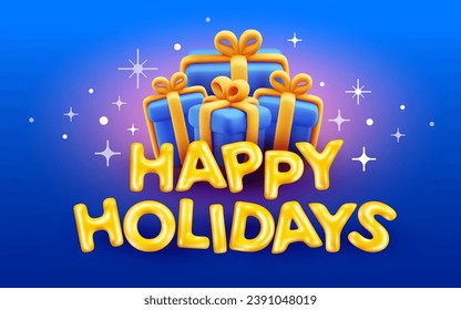 Vector illustration of gift box and golden text happy holidays on color background with star. 3d style winter holiday design of happy new year 2024. Decorative symbol and present for greeting card