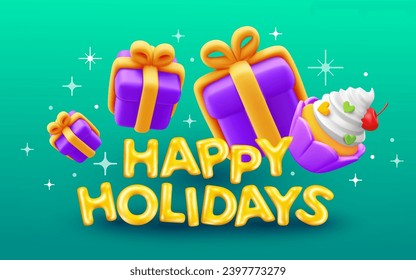 Vector illustration of gift box and golden text happy holidays on color background with cupcake and star. 3d style holiday design. Decorative symbol and present for greeting card, web, site, banner 