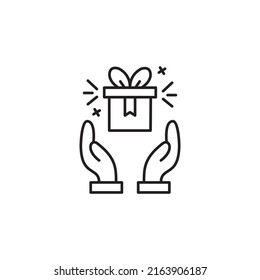 Vector illustration of gift box and hands, symbol of giveaway, icon design in outline style.