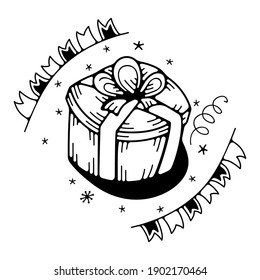 Ilustración vectorial con una caja de regalo. Aislado sobre un fondo blanco. Ilustraciones de garabatos.