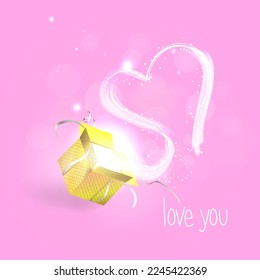 Vector illustration of a gift box with a magical shiny light shining from within. Holiday Valentine s Day.