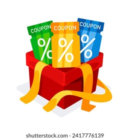 Vector illustration of a gift box with a mystery coupon in cartoon flat style.