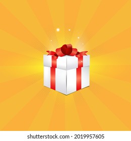 Vector illustration of an gift box on a halftone background with rays in sunny shades. Product presentation, discounts, gift, sale, baby products