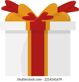 Vector Illustration Of A Gift Box With Red And Gold Bow. Wrapping And Decoration Of A Present. Surprise Box And Christmas Gift.