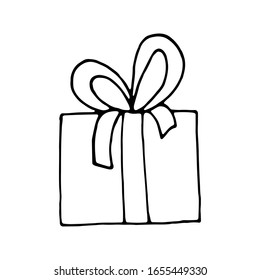 Vector illustration of gift box with ribbon in doodle style.