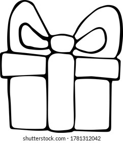 Vector illustration of a gift box with a ribbon and a bow in the Doodle style. Black outline on an isolated white background. Concept of holidays, birthday, gratitude, gifts. Can be used for Wallpaper