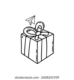 Vector illustration of a gift box with a ribbon and a flying paper plane, drawn in a clean black and white line art style