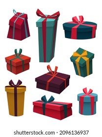 Vector illustration of gift box set in bright colors ( blue, violet, red, yellow, orange, pink). Cartoon style.