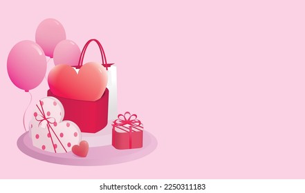 Ilustración vectorial de caja de regalo y bolsa de compra con corazón, globo sobre fondo rosa. Diseñado para compras en línea, sitio web, evento de amor, día de San Valentín, evento de promoción, banner.