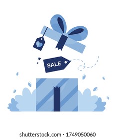 Vector illustration of gift box for store customers. Sale, discounts and offers for birthday, New Year, Christmas Day, holidays and events. Black Friday, Сyber monday. Blue. Eps 10