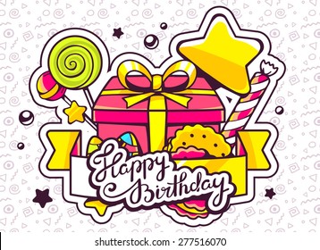 Vector illustration of gift box and sweets with ribbon and text happy birthday on light pattern background. Hand drawn line art design for web, site, advertising, banner, poster, board and print.  