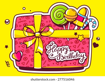 Vector illustration of gift box top view and confectionery with text happy birthday on yellow background. Hand draw line art design for web, site, advertising, banner, poster, board and print.  