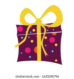 Vector illustration. Gift box with a yellow bow. The box is dark burgundy with colorful balls. The stylized form.