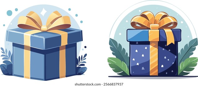 Vector illustration of gift boxes in 3D style surrounded by foliage