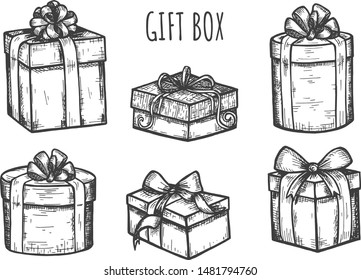 Vector illustration of gift boxes with bows set. Cardboard packages various shapes and design for presents on Valentines Day, Christmas, birthday or anniversary. Vintage hand drawn style.