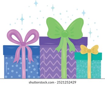 Vector illustration of gift boxes with bows, on a transparent background. Gifts for New Year, Christmas and birthday. It is used in design and banners. Fashionable style, vector eps10.