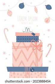 Vector illustration of gift boxes. Christmas present. Secret santa. Preparing for Christmas. Wrapping boxes. Isolated on white. Christmas toys, candy. Christmas card.