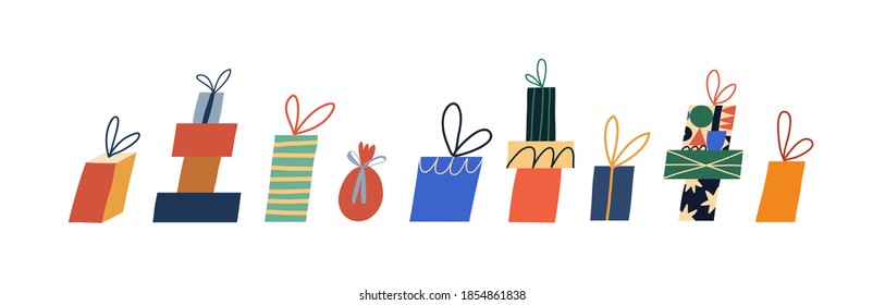 Vector illustration with gift boxes. Collection of colorful boxes with presents. Festive image dedicated to Christmas and New Year celebration. Decoration.