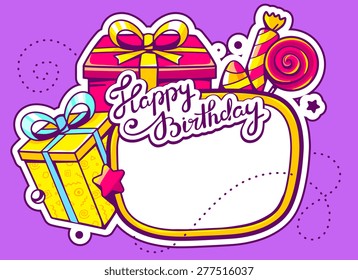 Vector illustration of gift boxes and confection with frame on purple background with star and dot. Hand draw line art design for web, site, advertising, banner, poster, board and print.  