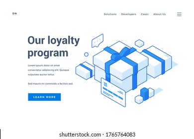 Vector illustration of gift boxes and credit card near description and link button on banner advertising online store loyalty program. Isometric web banner, landing page template