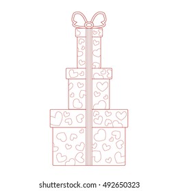 Vector illustration of gift boxes decorated hearts on white background made in line style. Design element for postcard, invitation, banner, flyer.