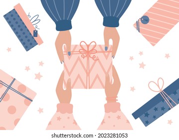 Vector illustration of gift boxes. Hands holding present box. Secret Santa. Changing present. Friend Changing gifts. Christmas present