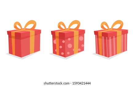 Vector Illustration of Gift Boxes, presents isolated on white. Sale, shopping concept. Collection for Birthday, Christmas. For Vector Cartoon flat design