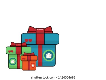 Vector illustration of Gift boxes with red ribbons and house model  on white background, Gift new home and Real estate concept