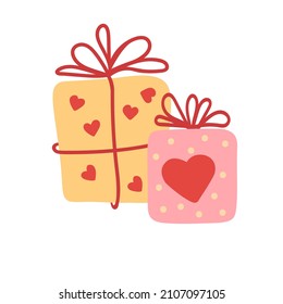 Vector illustration of gift boxes. They are decorated with hearts. It is isolated on white background in cartoon style.