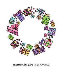 Vector illustration, gift boxes wreath with an empty space. Black outline. Can be used to place a text or lettering inside.