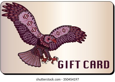 Vector illustration of the gift card with a colored eagle in zentangle style.
