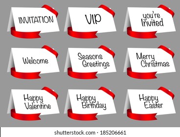 Vector illustration of gift card, greeting card, invitation card design with red decorative ribbon. 