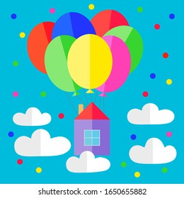 Vector illustration gift card. 
Postcard a house flies on balloons in the clouds. Flat design.