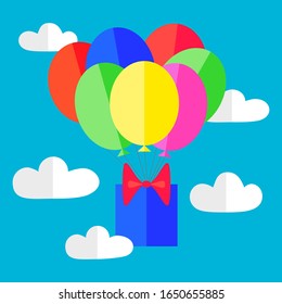 Tarjeta regalo de ilustración vectorial. 
Postal un regalo vuela sobre globos en las nubes. Diseño plano.