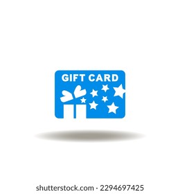 Vector illustration of gift card with prize box and stars. Icon of gift card. Symbol of shopping coupon, birthday certificate.