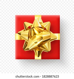 Vector illustration. Gift with celebration ribbon and gold colored bow on transparent isolated background