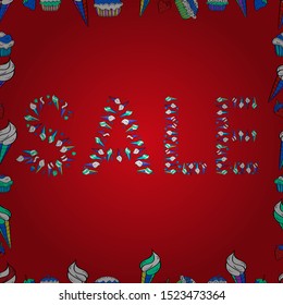 Vector illustration. Gift certificate, voucher, coupon template with watercolor paint textured watermelon on trendy striped background. Sale lettering in white, blue and red colors. Seamless pattern.