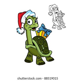  Vector Illustration of Christmas turtle with the gift  in color and outline; isolated on background.