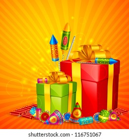 vector illustration of gift and firecracker for Diwali