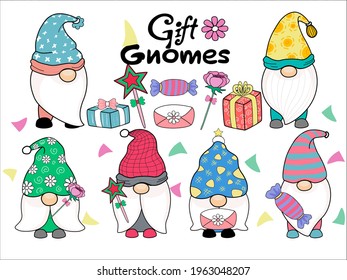Vector illustration gift gnome, clip art and craft designs for shirt pattern, keychain, card, seamless, mug, digital printing, craft, DIY, T-shirt, gift, fabric patterns, wall paper, birthday and more