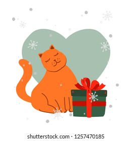 Vector illustration with gift for happy cat. Gift for pet. Cat sitting with holiday gift in box. Holiday gift for pet.