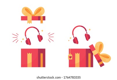 Ilustración vectorial de un regalo con auriculares. Abrir, caja sin empaquetar. Viernes Negro, Ciber・Lunes. Ganó el premio. Regalo con arco para vacaciones o eventos. Venta, descuentos. Rojo y amarillo. Eps 10