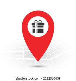 Vector illustration of Gift location. Simple icon in red color on White background.