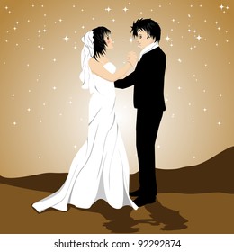 Ilustración vectorial de un regalo con pareja amorosa en posición de baile en el fondo de una estrella brillante para el Día de San Valentín y otras ocasiones.
