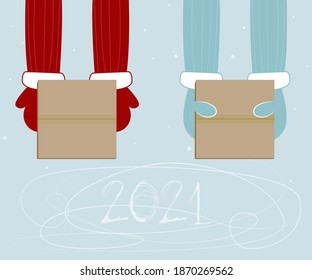 Vector illustration. Gift, new year. Box.Santa Claus and snow maiden. fur Coat.Arms.2021.Ice, snow.Present with bows in hand isolated.Flat vector illustration.Gift box,present,surprise.Print.