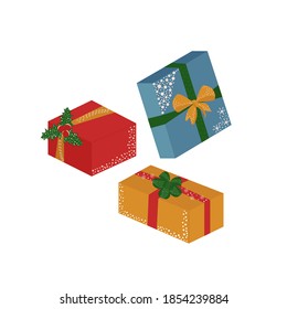 Ilustración vectorial del embalaje de regalo.Tres regalos de Navidad aislados en fondo blanco