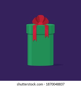Vektorgrafik des Geschenkes. Bild auf violettem Hintergrund. Geschenkbox. In Form eines Zylinders.