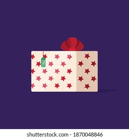 Vektorgrafik des Geschenkes. Bild auf violettem Hintergrund. Geschenkbox. Quadratische Form.